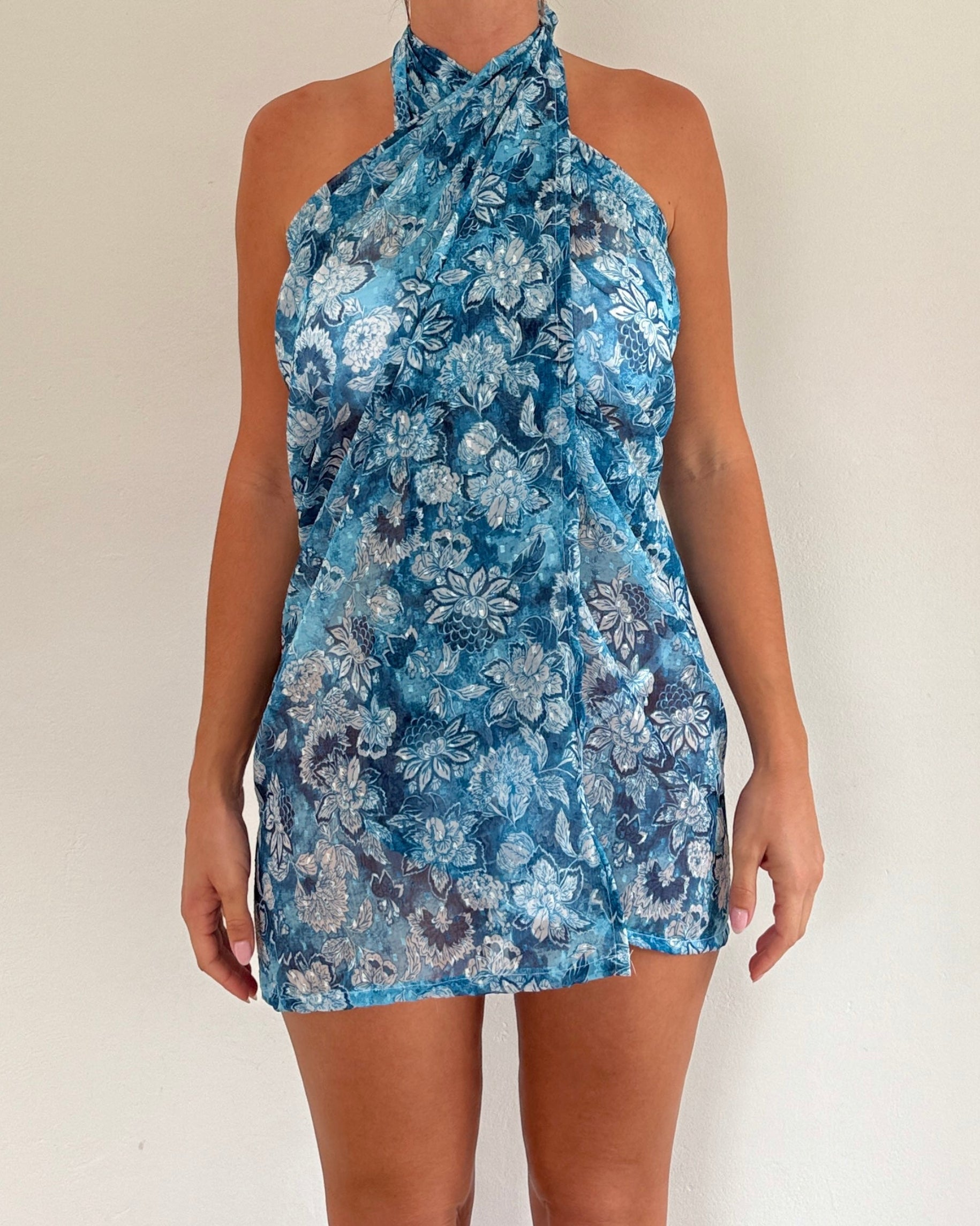 Handcrafted Collection - 3 in 1 Blue Floral Halter Dress